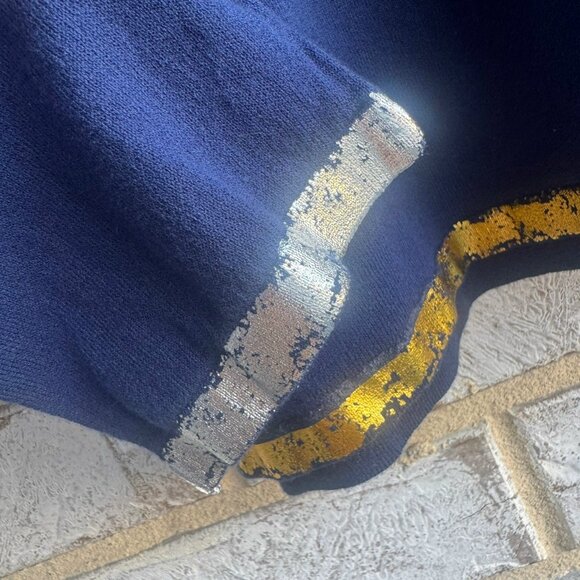 Peace of Cloth Long Sleeve Crew Neck Gold/Silver Tone Trim Blue Blouse Size L - Picture 7 of 8